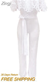 Women Off Shoulder Ruffle Jumpsuits Sexy Solid Mesh Sheer Sleeveless Backless High Waist Wide Leg Long Rompers
