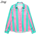 Women Fashion Color Matching Striped Print Loose Smock Blouse Office Lady Soft Casual Business Blusas Chemise Tops