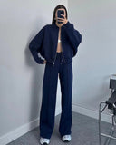 Zingj 20232 New Solid Color Zip Loose Hoodie Casual Versatile Trouser Suit-Outfit