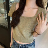 Version Of Knitted Short-Sleeved T-Shirt Women's New Summer Slim Thin Solid Color Full-Length Short-Style Blouse