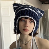Zingj New Knitted Hat Fox Ear Devil Horn Striped Wool Hat