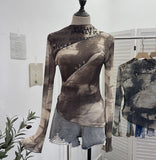Want To Play The Bottom Of The Long-Sleeved T-Shirt Design Hollow Print Irregular Mesh Yarn Personality Hottie Top
