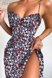 Spaghetti Strap Floral Print Summer Dress Women V Neck Bow Long Beach Party Elegant Bodycon