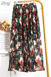 Women 2023 High Waist Floral Print Mid Calf Long Pleated Skirt Girls Summer Vintage Elegant Chiffon Midi