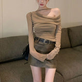 New Black Korean Version Of Irregular Slanted Shoulder Short-Sleeved T-Shirt Girls Summer Design Feel Hottie Repair