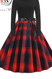 Autumn Winter Women Plaid Print Dress Elegant Casual Vintgae Dress Robe Femme Black Patchwork A-line Party