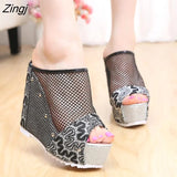 Net yarn High heels Women Wedges Sandals tongs slippers Platform Female Lace Increase mujer Shoes feminina