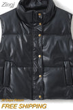 Women's PU Leather Puffer Vest Stand Collar Padded Vest Sleeveless Lightweight Jacket Winter Warm Outerwear Puffer