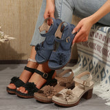 Slope And Thick-Soled Sandals Women's Shoes Coarse Heel Large-Size Flower Decoration A Word With Lattice High