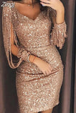 Women Dress Three Quarter Sleeve Rose Gold Sexy Club Dress Ladies V-neck Evening Mini Party Dresses Vestidos