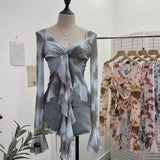 Kinking Of The Net Yarn Irregularly Kinked Lotus Lobe Slings Shoulder Horn Sleeve T-Shirt Short Top