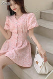 Women Mini Vestidos Romance Backless Chic Tunic Fashion Femme Sweet Summer Holiday French Style Single Breasted