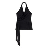 Temperament Black Bare Back Hanging Neck Sleeveless Shirt Women Summer Belt Design Feel Shirt Chic Niche