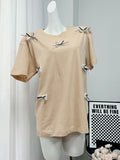 Spring And Summer New Sweet Bow Splicing Short-Sleeved T-Shirt Women's Round Collar Loose Cotton