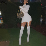 Women Bodycon Slim Mini Dress Solid-Color High-Collar Long-Sleeves Tight-Fitting Dress With Stockings for