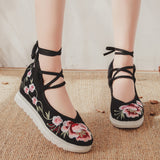 Zingj White Sole Embroidered Cloth Shoes High Heel Slope Canvas Embroidered Women's Singles Shoes Lace Retro National Style Cloth