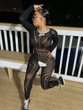 Women Autumn 2023 New Y2K Solid High Street Sexy&Club Slightly Transparent Holes Decoration Long Sleeve Skinny