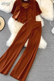 Women Three Pieces Set Elegant V-Neck Short Blouse + Strap Camis + Wide Leg Pants Suit Green/Red/Yellow Spring Fall