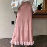 Pleated Patchwork Mid-length A-line Knitted Skirt- Outfit