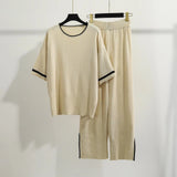 Summer Women's Clothing Age Reduction Ocean Casual Loose Fashion Set Short-Sleeved Knitted Jersey Broad Leg Pants Two