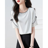 A Bow Round-Neck Short-Sleeved Chiffon Sleek Sleek Shirt For Women's New Elegant Oceanic Career In Summer