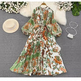 Sense Of Light Luxury Temperament Lantern Long Sleeve Round Neckt Thin Single Buckle Print Dress Elegant Long