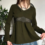 V-Neck High-Waisted Skirt-Shaped Long-Sleeved T-Shirt Women's Embroidered T-Sleeve Design-Sleeve