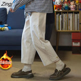 Pants Women Wide Leg Solid High Waist Japanese Thicker Winter Fashion All-match Clothing Pockets Casual