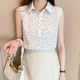 Women's Blouse Floral Elegant Shirt Sleeveless Tank Tops Blouses Chiffon Female Clothing Office Lady Shirts and