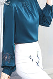 Women's Blouse Silk Tops for Women Solid Embroidered Long Lantern Sleeve Top Stand Neck Clothing Female 2023 Basic