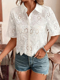 And Summer 2025 Women's New Solid-Colored Lace Shirt Hollow Women's Short-Sleeved Casual