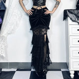 Spring 2024 New Dark Wrinkled Fishtail Multi-Layer Spliced Forked Skirt Women's