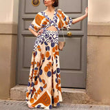 Women's Clothing V-Neck Waist-Print Dress Two-Piece Splicing Fashion