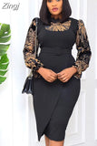 Women Long Sleeves Flower Print Bodycon Dress Office Ladies Slim Women Vestido African Modest Celebrate Occassion