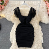 Zingj New French Sexy High Waist Show Thin Pleated Square Neck Wrap Hip Dress H Type Party Single