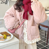 Kawaii Short Jackets Women Sweet Preppy Style Winter Overcoat Female Cute Lace Patchwork Casual Girls Pink Parkas