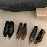 2025 New Retro Leopard-Print Metal Shallow Mouth Single Shoes French Temperament Velvet Head Tip Fine Heel High