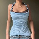 U-Shaped Low-Neck Two-Piece Striped T-Shirt Hanging Neck Vest 2025 Fashion-Colored Knitted