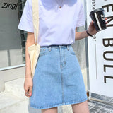 Womens Summer A-Line High Waist Button Zipper Solid Mini Denim Vintage Elegant Simple Chic Casual Basic All-match