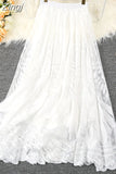 Summer Solid Lace Skirt Women Sweet Mesh High Waist Elegant Office Ladies Korean A-Line Long Skirts