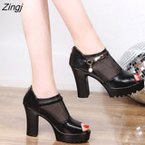 New Fashion High Heels Square Heel New Summer Fashion Non-slip Thick Sole Sexy Fish Mouth Zipper Mesh Sandals