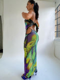 Fashion Mesh Vacation Two Piece Set Women Summer Bandage Strapless Tube Top+Hollow Maxi Skirt Matching Beach