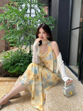 Xixi 13 Line 2025 Summer New Temperament Printing Lady Elegant High-Waist Sling Dress