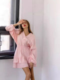 Summer New Solid Color Long-Sleeved Dress Temperament V Collar Thin A