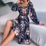 Shooting Spring And Summer Elegant Flowers Lead Long Sleeves To Close Waist Lotus Leaf Side A Dress Women's