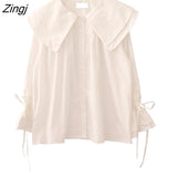 Peter Pan Collar Womens Blouse 2023 Spring Autumn Retro Long Sleeve White Shirt Cute Kawaii Button Casual Loose Tops