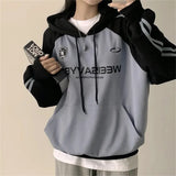 Vintage Logo Print Raglan Striped Sleeve Hoodie-Outfit