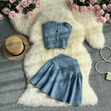 Zingj Cool Hot Girl Suit Skirt Female Summer Short Jeans Strapless Vest Top Two Set High Waist A-Line