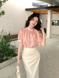 Xixi 2025 Summer New Korean Version Of The Temperament Flower Chiffon Short-Sleeved Shirt Women Top Women
