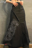 Chinese Style Vintage Fashion Dragon Print Long Skirt Lace Up Ruffles Elegant Women Skirts High Waist Gothic
